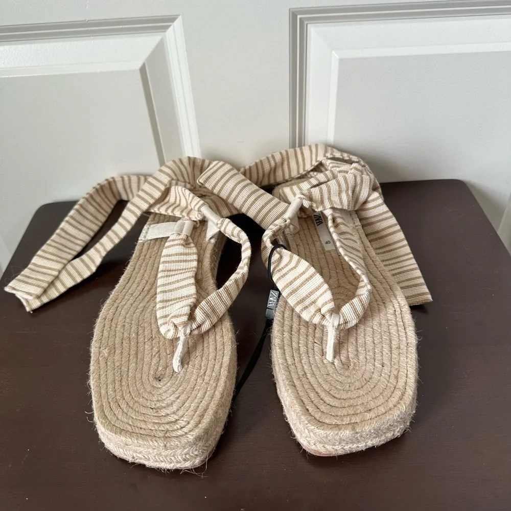 Zara Lace Up Striped Espadrille Sandals 40 , US 9.5